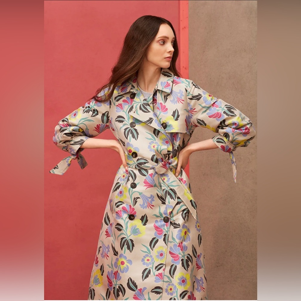 Anthropologie x Delpozo Floral Jacquard Botanical Print Trench Coat Size 12 NWT